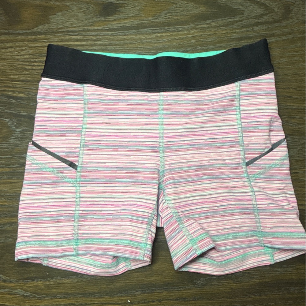 Lululemon Speed Shorts 6 – Multi Stripe Pink/Teal Print, Black Waistband